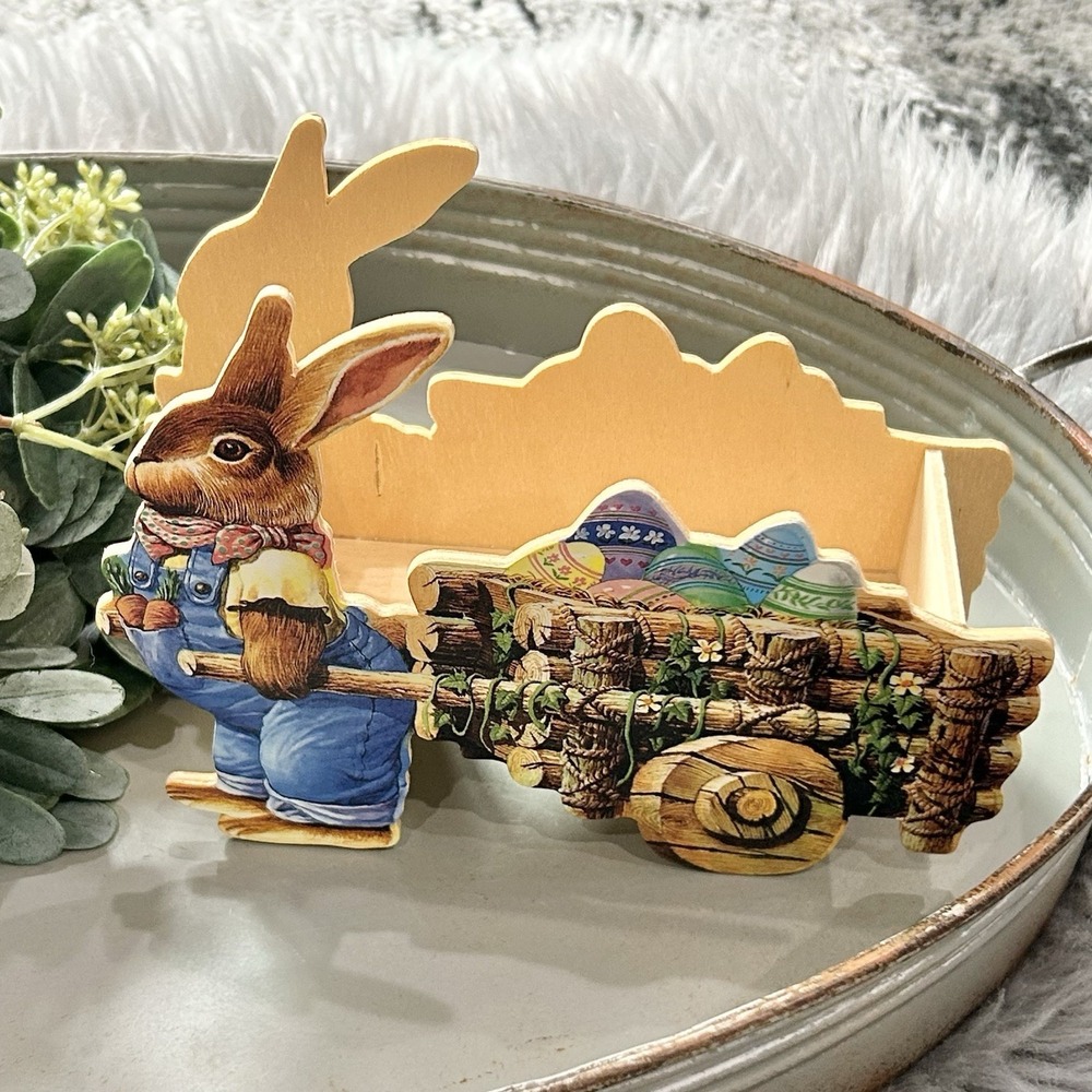 Wooden 3D Easter Bunny Pulling Egg Wagon w Artificial Grass EASTER DECOR TABLE